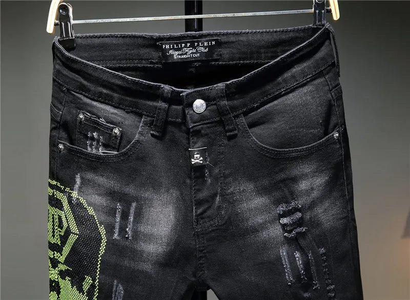2021 Streetwear Clothing Patterned Men Super Skinny Black Jeans with Painting,Hot Drilling Slim Pants Skinny Jeans for Men