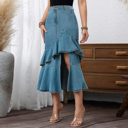 Latest Design Plus Size Women Jeans Skirt Silm Fit Mid Length Ruffle Denim Skirt for Women