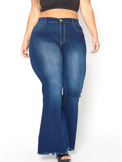 China Factory Wholesale Navy Good Quality Women Mid Waist Stretchy Regular Fit Plus Size Bleach Wash Flare Denim Jeans Pants
