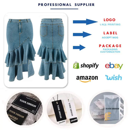 Latest Design Plus Size Women Jeans Skirt Silm Fit Mid Length Ruffle Denim Skirt for Women