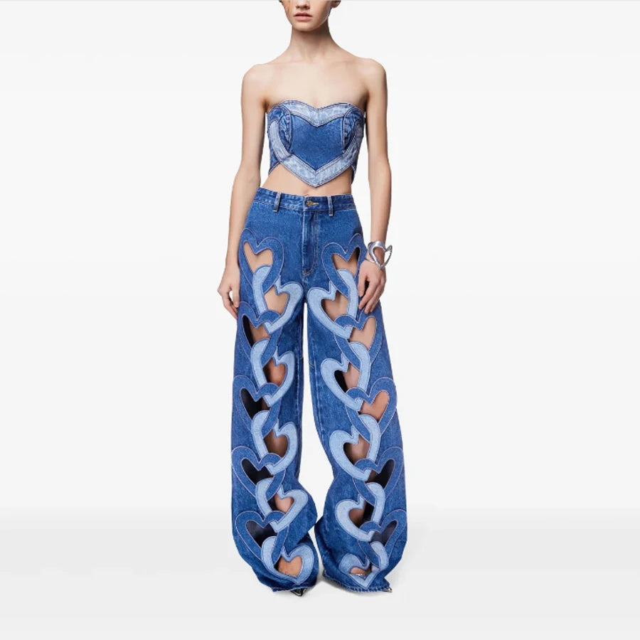 Blue Heart-Patterned Top Denim Pants with Hollow Embroidery Loose Jeans Women Set