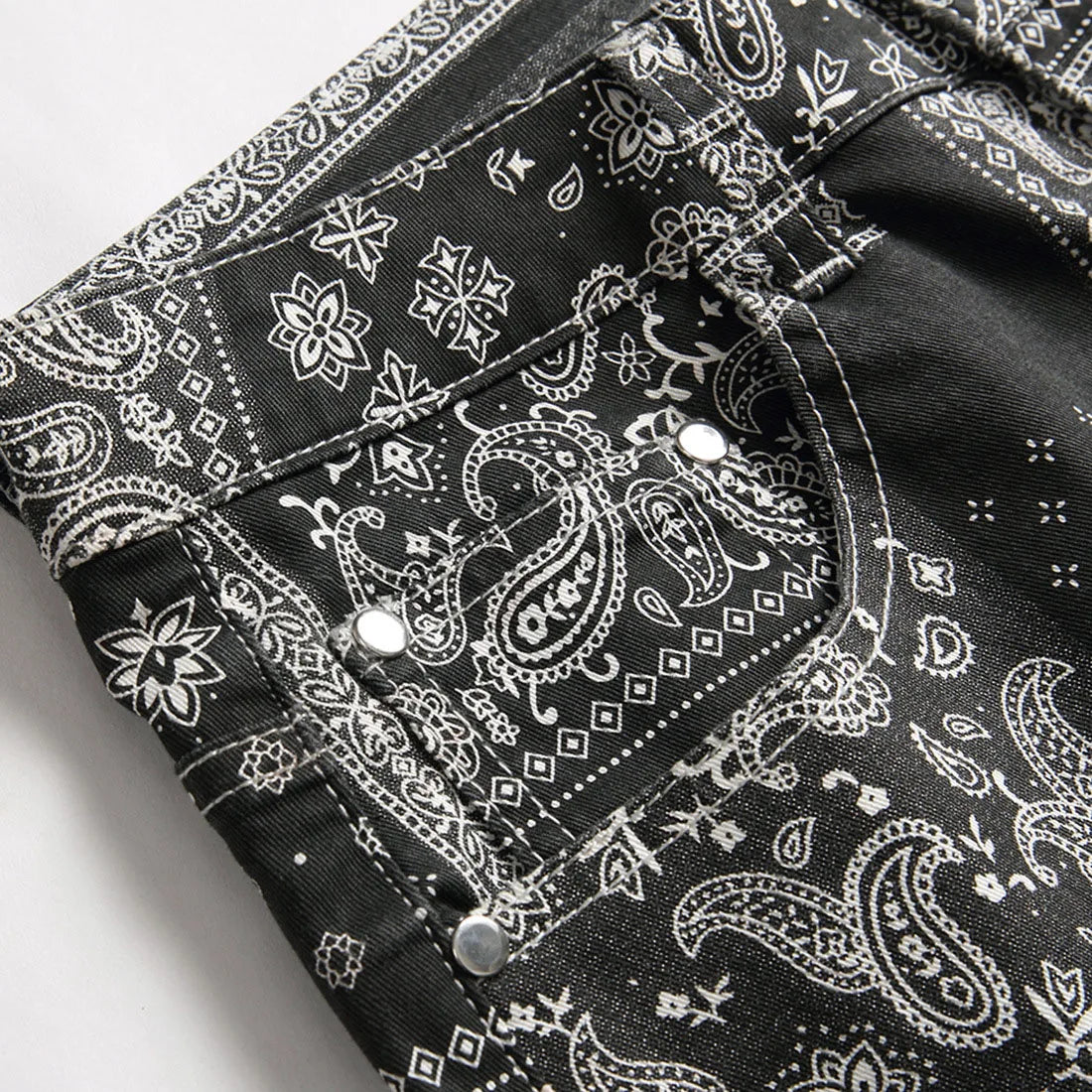 Men Paisley Bandanna Printed Jeans Fashion 3D Digital Painted Stretch Denim Pants Slim Straight Black Trousers