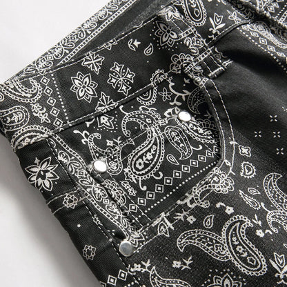 Men Paisley Bandanna Printed Jeans Fashion 3D Digital Painted Stretch Denim Pants Slim Straight Black Trousers