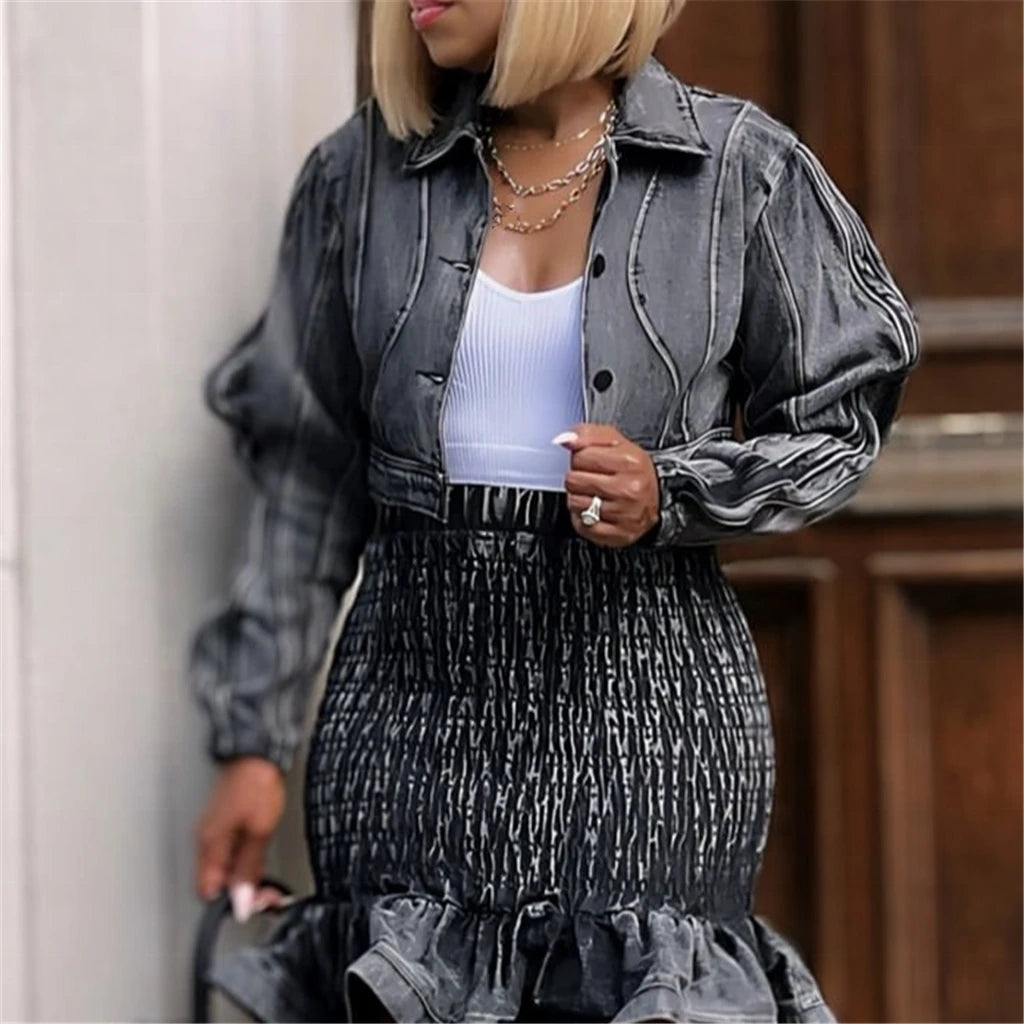 ZHEZHE Unique Fashion Female Spring Fall Winter Long Sleeve Denim Jeans Windbreaker Clothes Short Crop Jackets for Women'S Coats