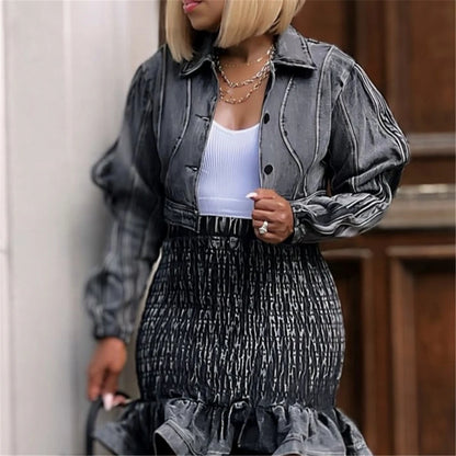 ZHEZHE Unique Fashion Female Spring Fall Winter Long Sleeve Denim Jeans Windbreaker Clothes Short Crop Jackets for Women'S Coats