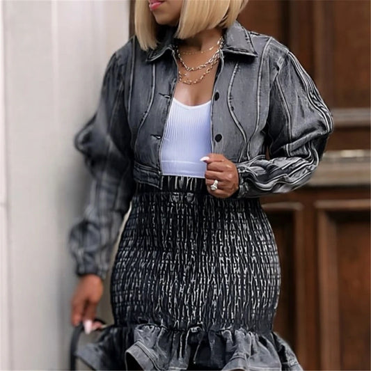 ZHEZHE Unique Fashion Female Spring Fall Winter Long Sleeve Denim Jeans Windbreaker Clothes Short Crop Jackets for Women'S Coats