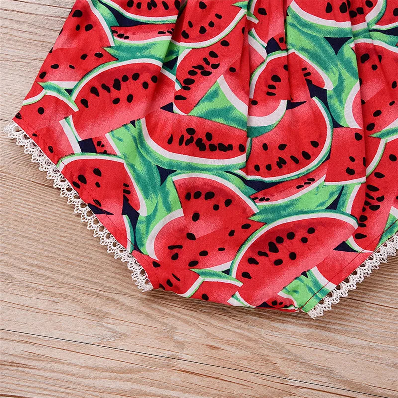 0-36months Newborn Girl Bodysuit Hairband Set Short Sleeve Watermelon Print Playsuits For Baby Girls Summer One_piece Rompers
