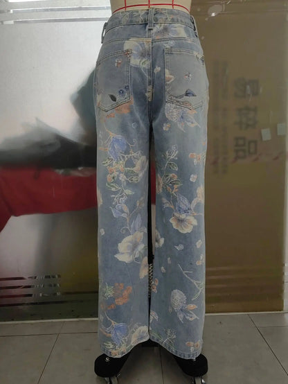 GX6981S Fashion Women Elegant Clothing Vendor Street Wear Ladies Printed Ripped Jeans Trouser Hollow Out Casual Denim Pant