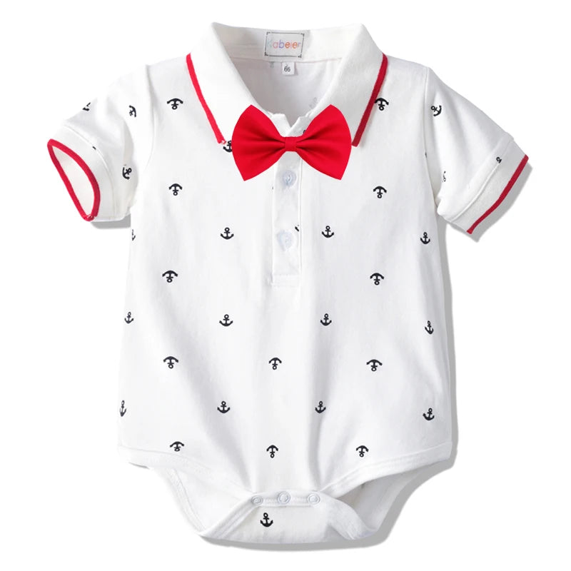 Newborn Boys Bodysuit with Bow Tie Cotton Baby Romper Soft Cartoon Animal Print Formal Short Sleeve Children Top Costume