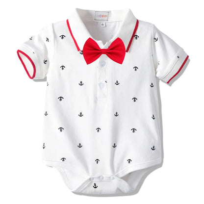 Newborn Boys Bodysuit with Bow Tie Cotton Baby Romper Soft Cartoon Animal Print Formal Short Sleeve Children Top Costume
