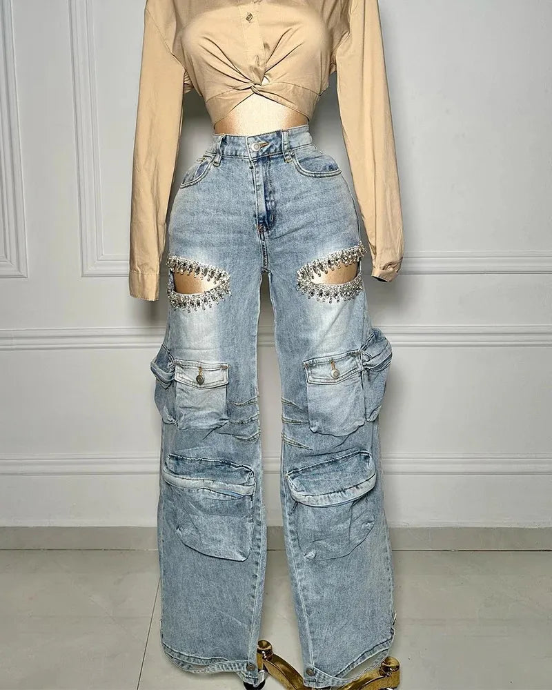 New Arrival Womens Cargo Denim Pants Fashion Mid-rise Jeans Straight Baggy Multi-pocket Hollow Out Rhinestones Trousers
