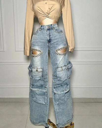 New Arrival Womens Cargo Denim Pants Fashion Mid-rise Jeans Straight Baggy Multi-pocket Hollow Out Rhinestones Trousers