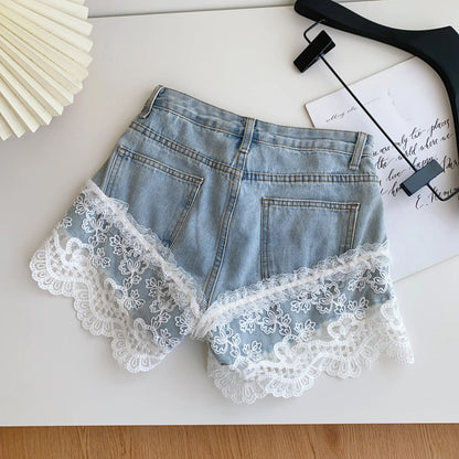 Spring Lace Short Jeans Women Print High Waist Denim Pants Girls Outdoor Pants Wholesale