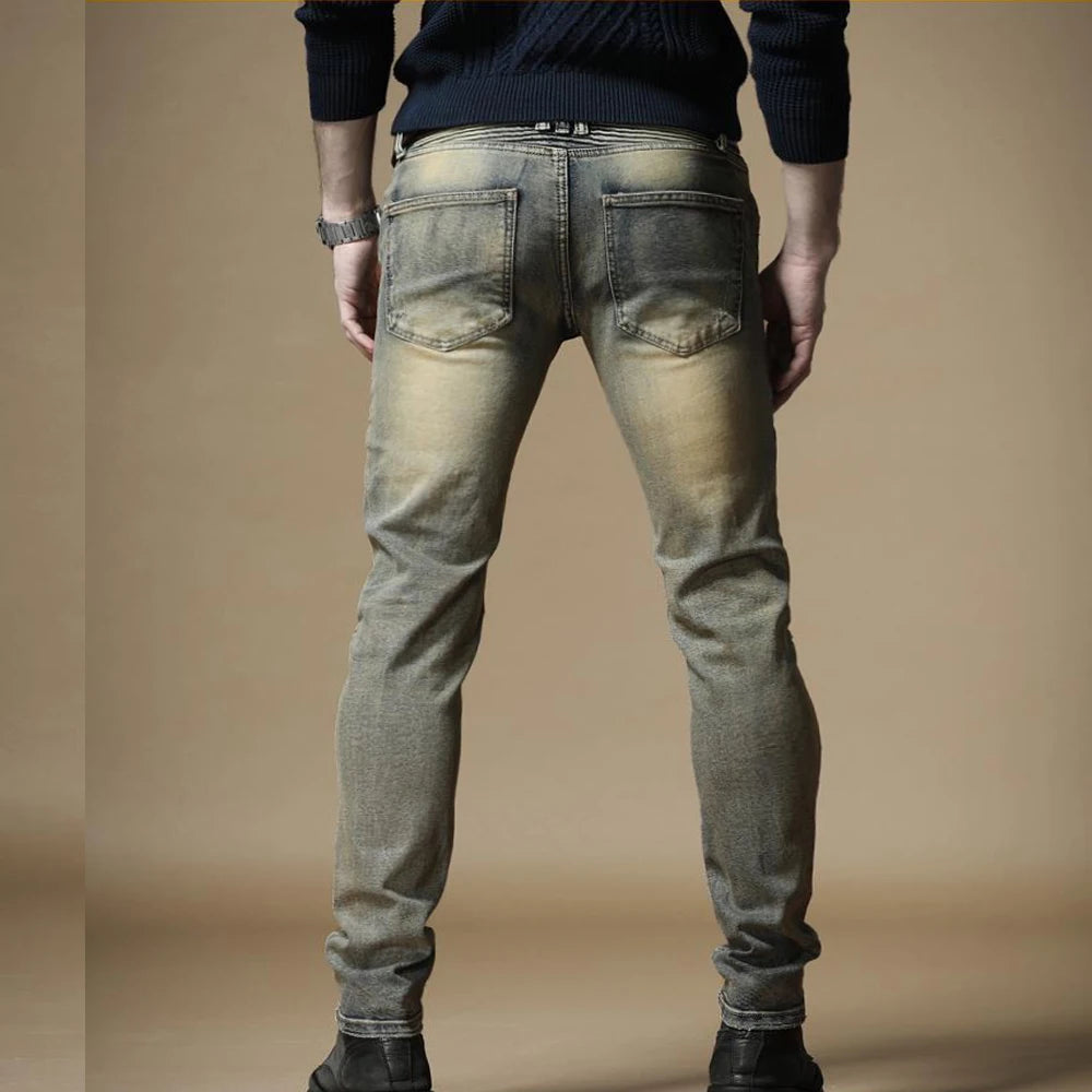 Top Fashion Slim Fit Men's Distressed Denim Bikers Jeans Pants Mid-Waist Pencil Style with Fast Delivery