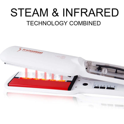 RUCHA Infrared Steam Hair Straightener 2 Inches Wide Plate Hair Salon Steampod Ironing Styler Ceramic Tourmaline Flat Iron