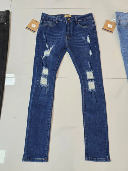 Wholesale large-sized men's jeans with zipper pockets, fashionable and tattered blue and black jeans, men's washed craft jeans