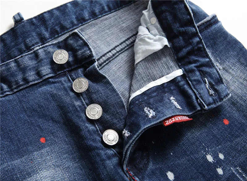 RTS 2021 Factory Wholesale Streetwear Crazy Fashion Zipper Washed Denim Paint Points Modern Designer Jeans Men Pants