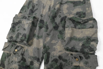 Tie Dye Camouflage Large Pocket Overalls Designer Men's Trend Loose Stone Wash Denim Fashion Patch Wide Leg Straight Men's Jeans