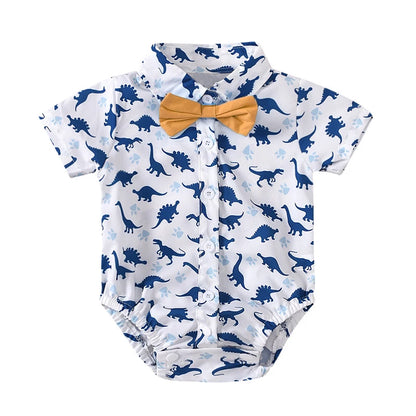 Newborn Boys Bodysuit with Bow Tie Cotton Baby Romper Soft Cartoon Animal Print Formal Short Sleeve Children Top Costume
