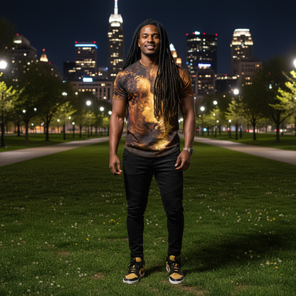 Urban Safari Men's Lion T-Shirt - 3D Printed Animal Graphic Tee, Gold/Black Streetwear, Short Sleeve Crew