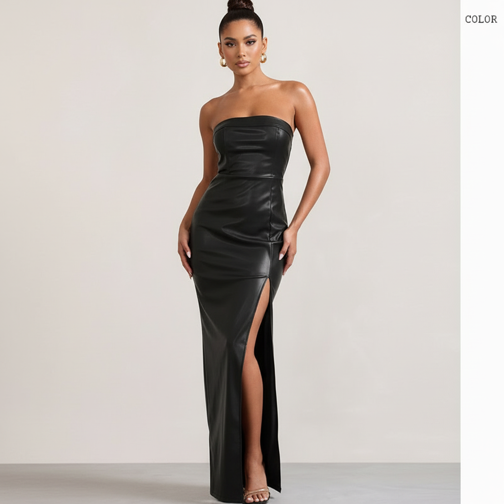 Midnight Muse™ | Onyx Faux-Leather Strapless Maxi with High-Voltage Slit