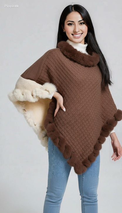 New Luxury Rabbit Fur Collar Shawl Cape for women Elegant Autumn Winter Fashion