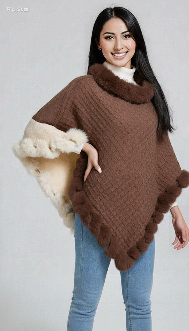 New Luxury Rabbit Fur Collar Shawl Cape for women Elegant Autumn Winter Fashion