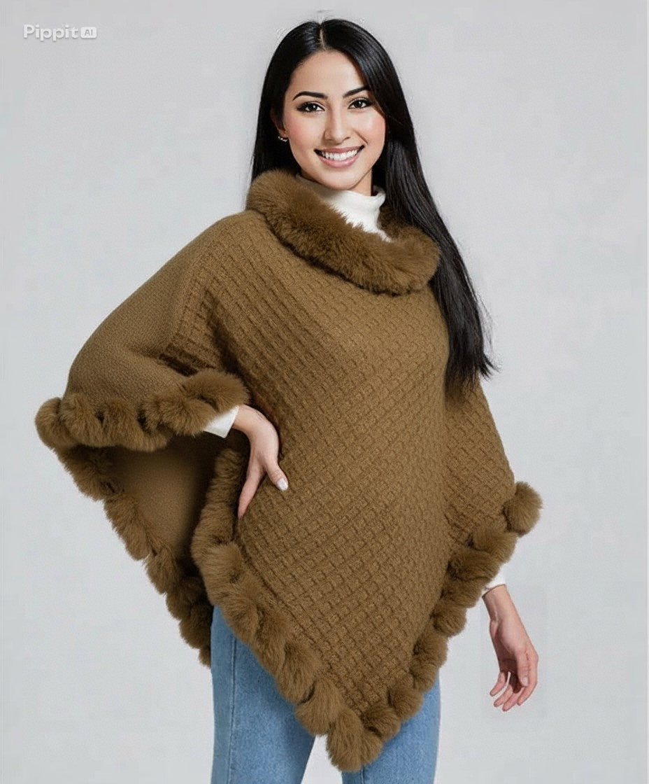 New Luxury Rabbit Fur Collar Shawl Cape for women Elegant Autumn Winter Fashion