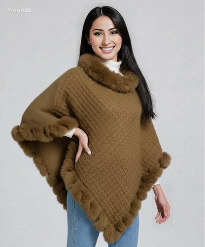 New Luxury Rabbit Fur Collar Shawl Cape for women Elegant Autumn Winter Fashion