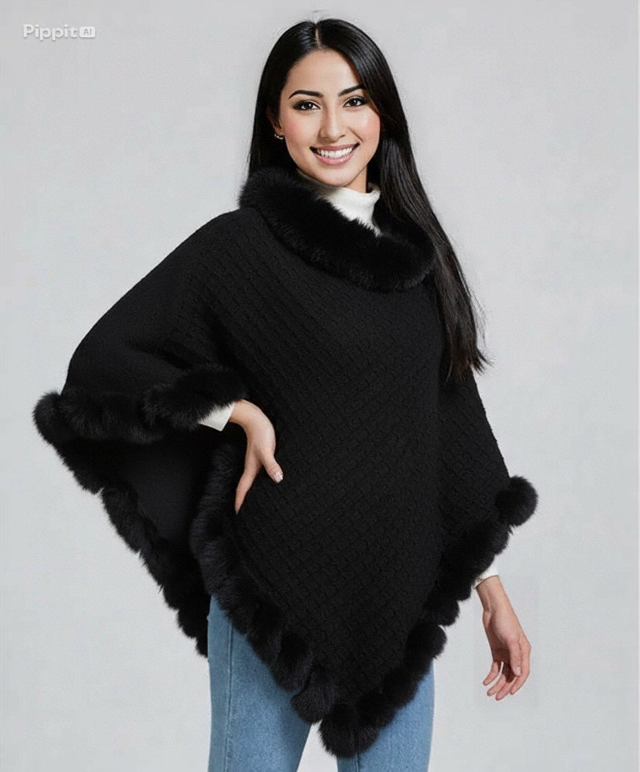 New Luxury Rabbit Fur Collar Shawl Cape for women Elegant Autumn Winter Fashion