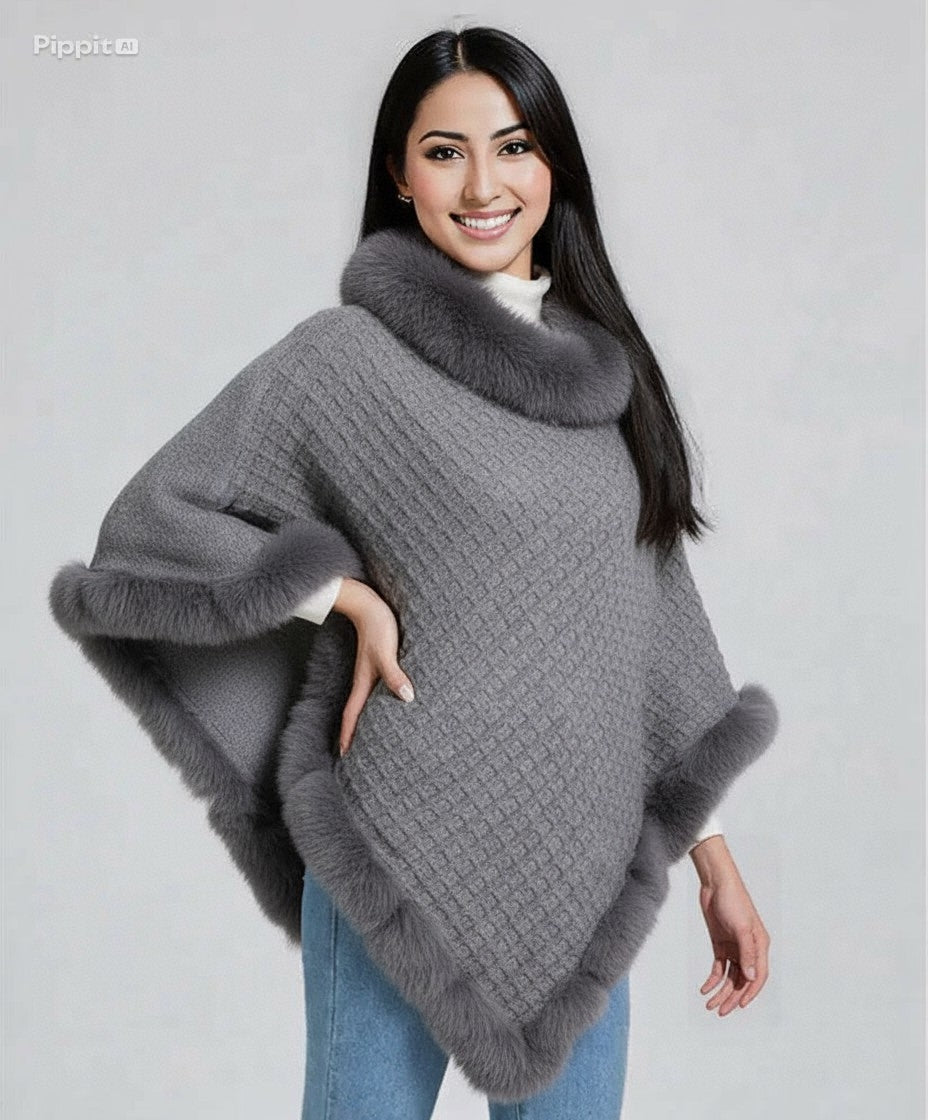 New Luxury Rabbit Fur Collar Shawl Cape for women Elegant Autumn Winter Fashion