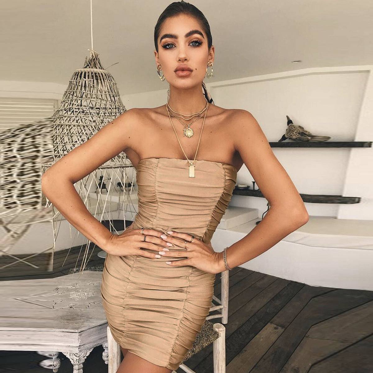 Amazon Cross-Border Spring and Summer New 2024 European and American Clothing Sexy Tube Top Nightclub Pleated Hip Dress 8505