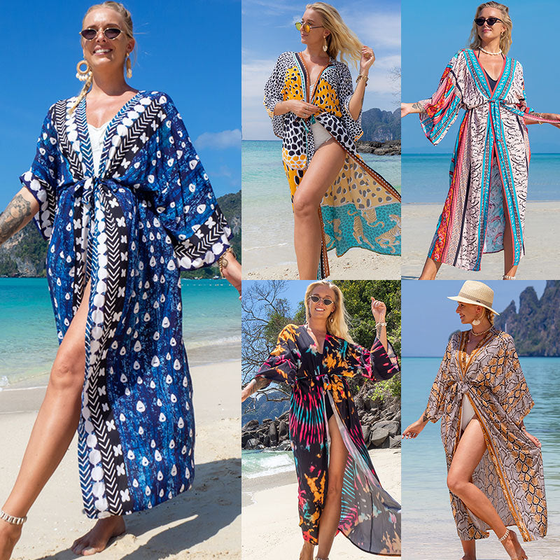 New European and American Rayon Printed Cardigan Beach Skirt Bikini Cover-Up Swimsuit with Sun Protection Clothing Seaside Vacation Skirt