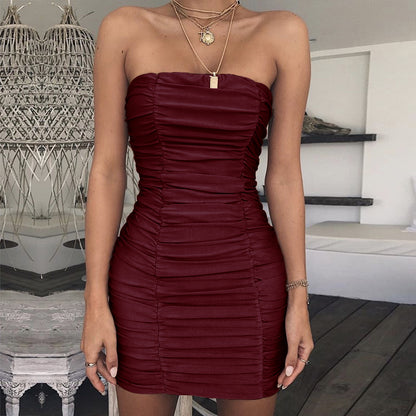 Amazon Cross-Border Spring and Summer New 2024 European and American Clothing Sexy Tube Top Nightclub Pleated Hip Dress 8505