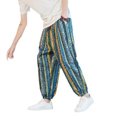 Chinese Style Printed Cropped Pants for Men, Loose Plus Size Carrot Pants, Summer Harem Beach Pants, Ethnic Style Loose Pants