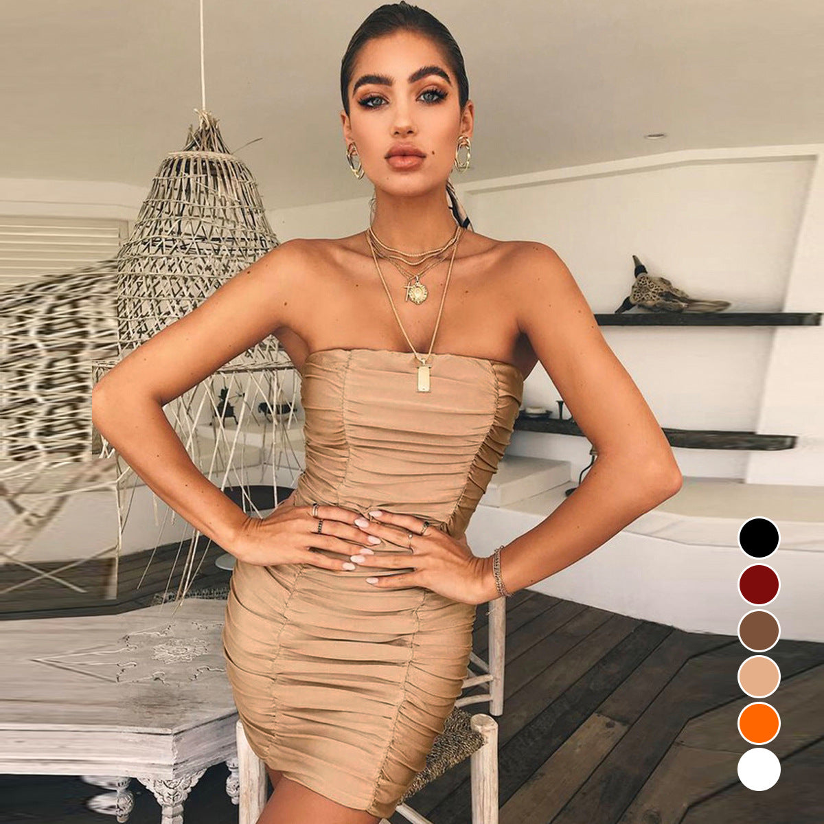 Amazon Cross-Border Spring and Summer New 2024 European and American Clothing Sexy Tube Top Nightclub Pleated Hip Dress 8505