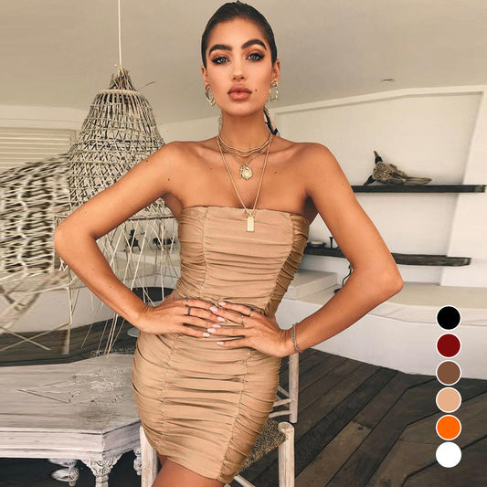 Amazon Cross-Border Spring and Summer New 2024 European and American Clothing Sexy Tube Top Nightclub Pleated Hip Dress 8505