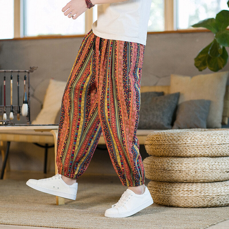 Chinese Style Printed Cropped Pants for Men, Loose Plus Size Carrot Pants, Summer Harem Beach Pants, Ethnic Style Loose Pants