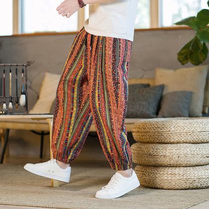 Chinese Style Printed Cropped Pants for Men, Loose Plus Size Carrot Pants, Summer Harem Beach Pants, Ethnic Style Loose Pants