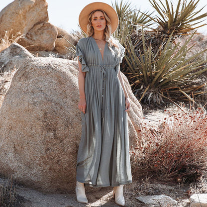 New Bamboo Cloth Button Waist Rope Long Skirt Cardigan Vacation Beach Jacket Sun Protection Clothing Long Skirt Bikini Cover-Up for Women
