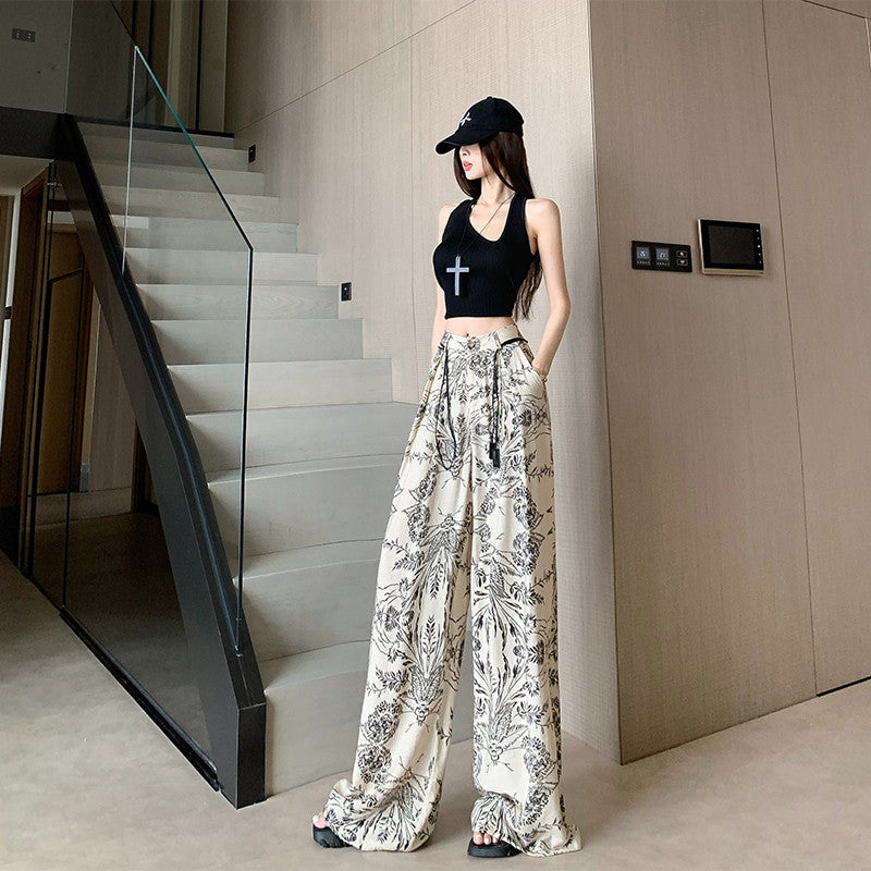 Cross-Border High-End Retro Printed Wide-Leg Pants 2025 New High-Waist Slim Fashion Versatile Casual Straight Pants