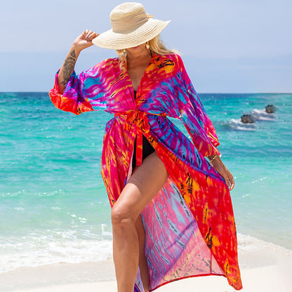 New European and American Rayon Printed Cardigan Beach Skirt Bikini Cover-Up Swimsuit with Sun Protection Clothing Seaside Vacation Skirt