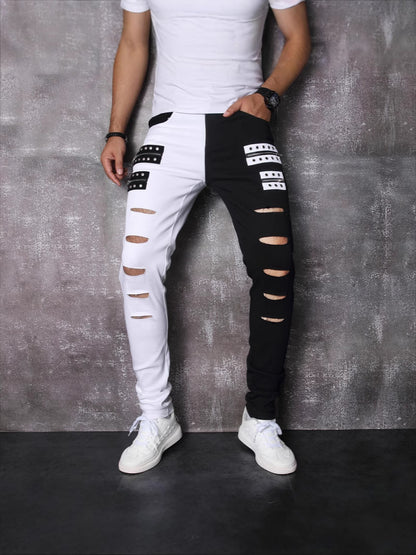 New Patchwork Jeans 2025 Spring & Fall Fashion Trendy Men's High Elastic Slim Men's Jeans Multi-Color Patchwork Black