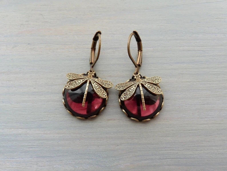 Fashion Jewelry Vintage Dragonfly Pattern Earrings Distressed Moonstone - FLIPSTYLEZLLC