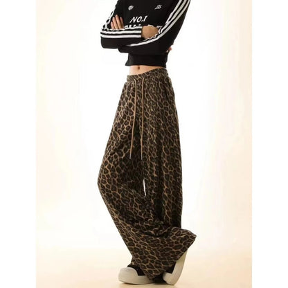 Camouflage Leopard Pants Men's and Women's Staggy Waist Lazy Wide Relaxation Slimming Wide Leg Straight All-match Casual Pants