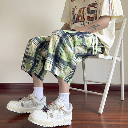 American High Street Style Handsome Workwear Cropped Pants for Men, Extra Large Size Plus Fat Wide Leg Shorts, Summer Ice Silk Eight-Point Pants