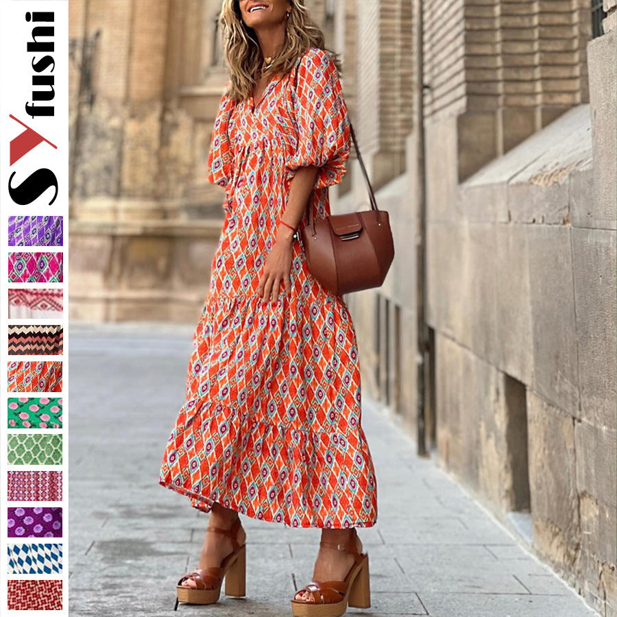 European and American Plus-Size Women's Loose-Fitting Bohemian Round-Neck Lantern-Sleeve Sweet Girl Dress Wholesale from Source Factory