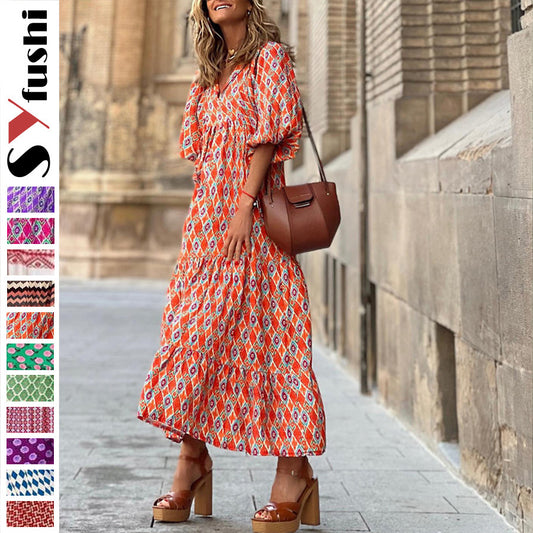 European and American Plus-Size Women's Loose-Fitting Bohemian Round-Neck Lantern-Sleeve Sweet Girl Dress Wholesale from Source Factory