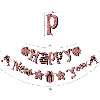 Happy New Year Hanging Flag Colorful Flag Black Gold Letter Pendant