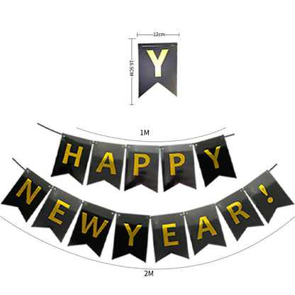 Happy New Year Hanging Flag Colorful Flag Black Gold Letter Pendant